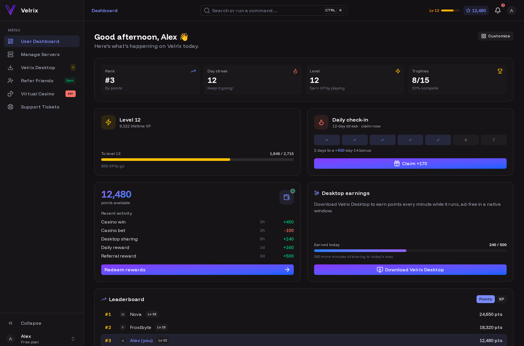 Screenshot of the Velrix dashboard