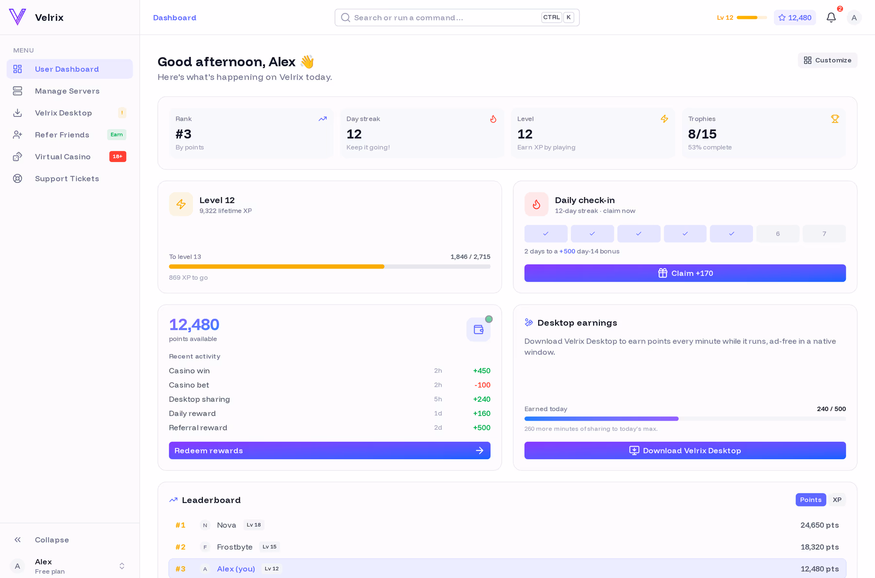 Screenshot of the Velrix dashboard