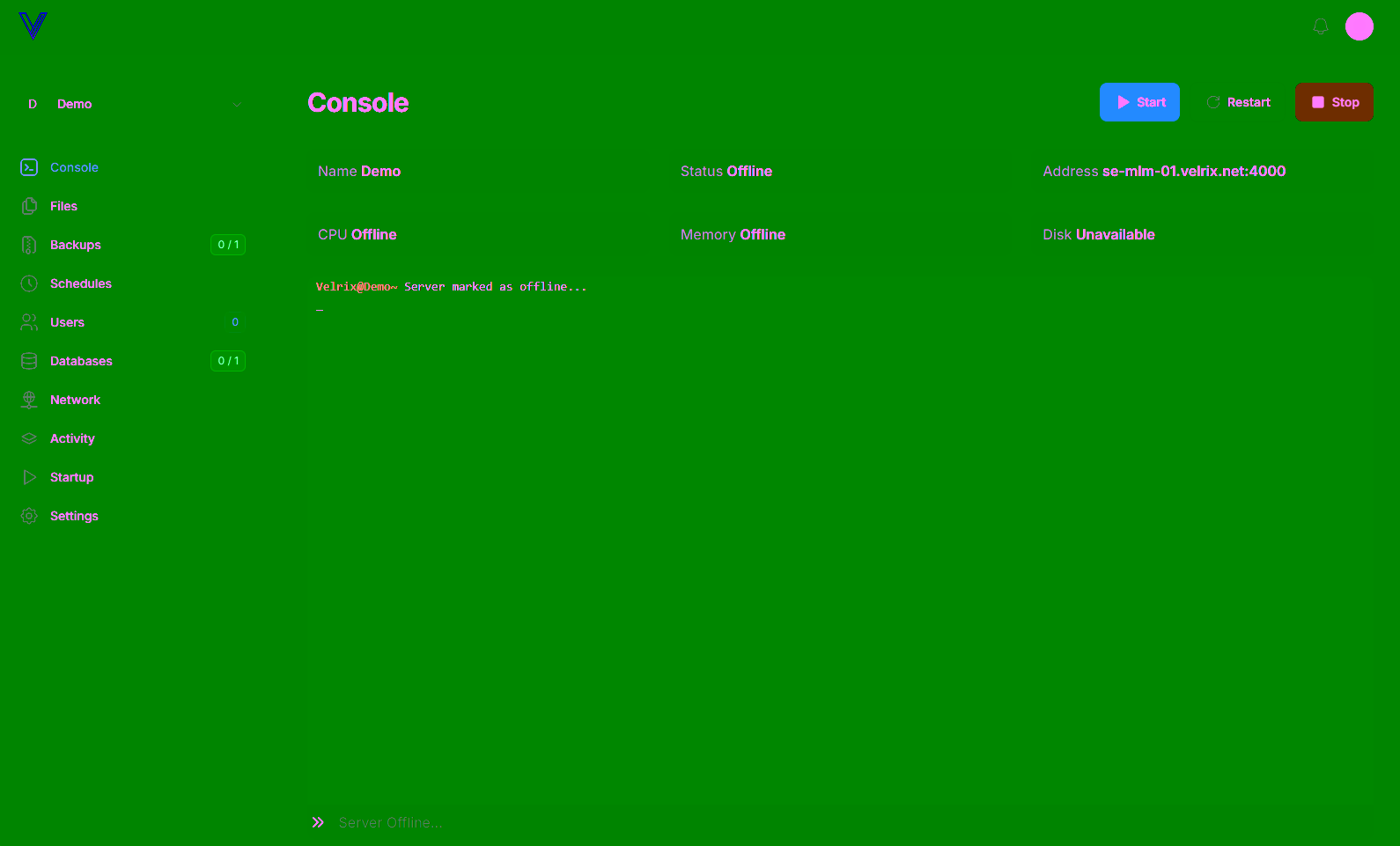 Screenshot of the Velrix control panel